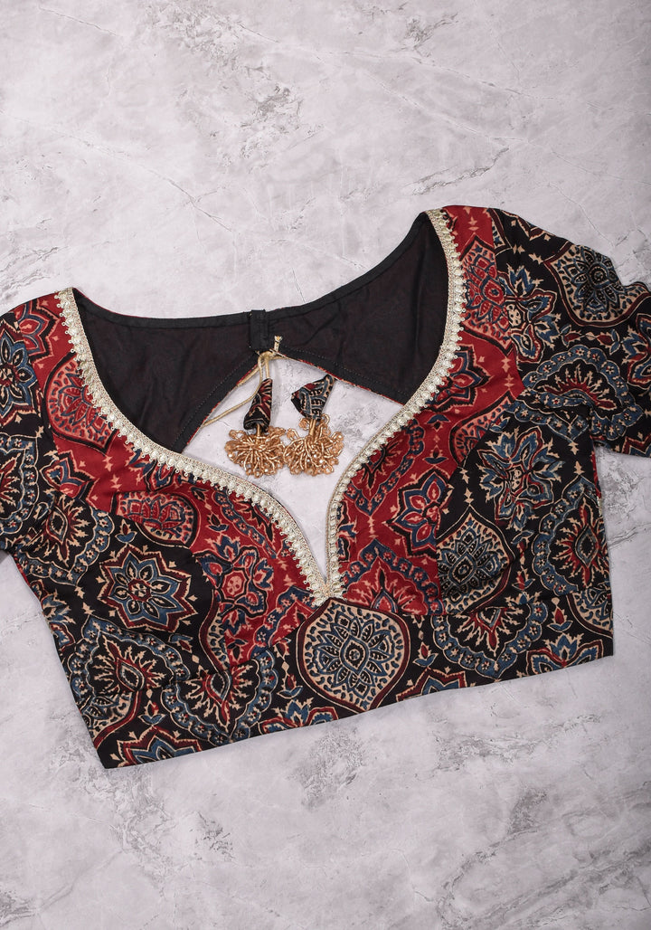 Black and Red Ajrakh Modal Silk Blouse with gota detailing  Mix and Match Blouse for saree, Made to Order