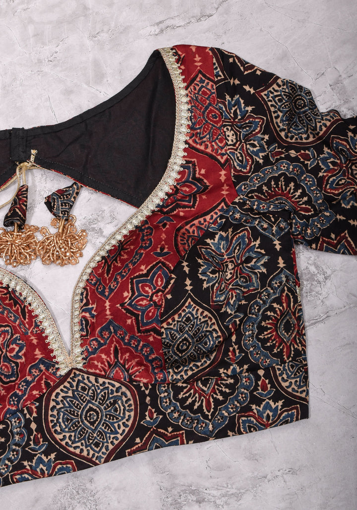 Black and Red Ajrakh Modal Silk Blouse with gota detailing  Mix and Match Blouse for saree, Made to Order