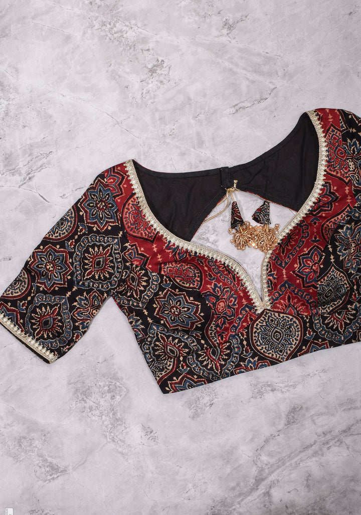 Black and Red Ajrakh Modal Silk Blouse with gota detailing  Mix and Match Blouse for saree, Made to Order