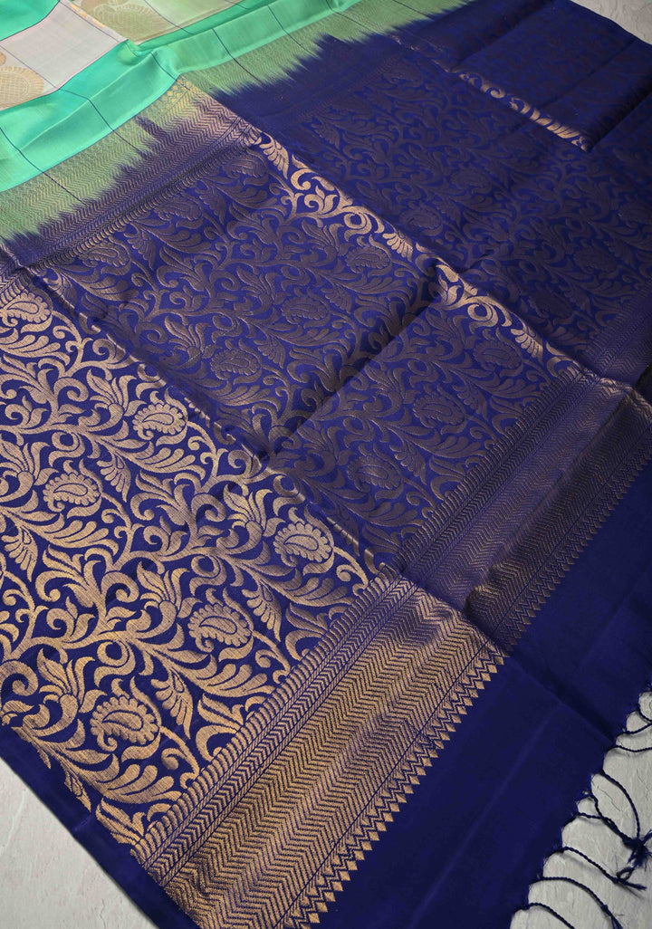 Borderless Checks Green Kanjivaram Soft Silk Saree with Peacock Buttas  | SILK MARK CERTIFIED
