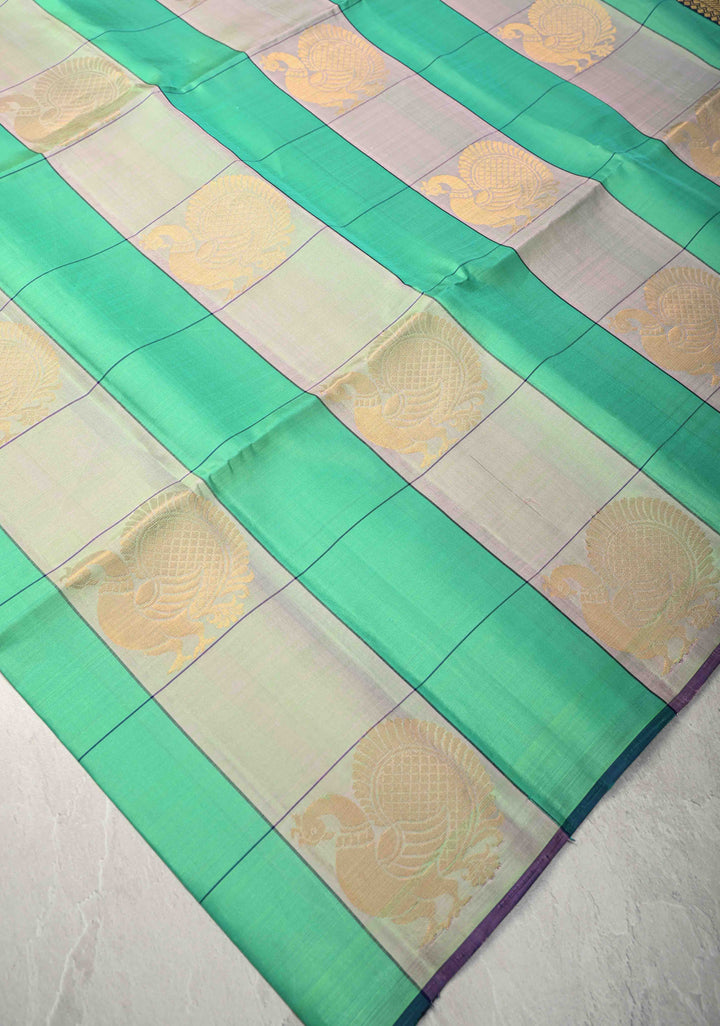Borderless Checks Green Kanjivaram Soft Silk Saree with Peacock Buttas  | SILK MARK CERTIFIED