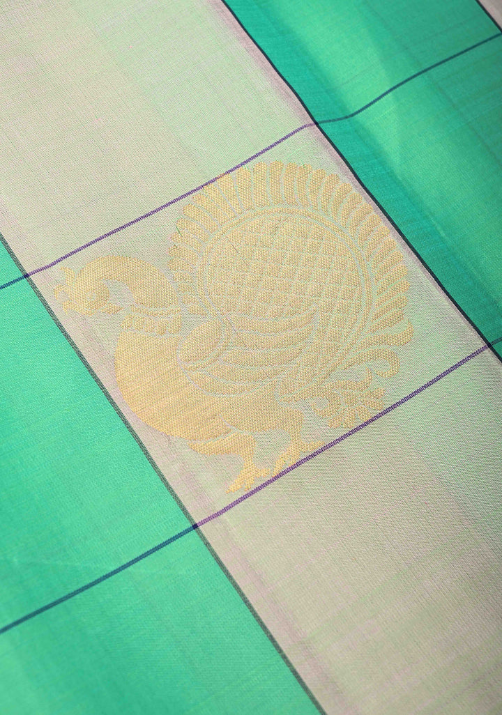 Borderless Checks Green Kanjivaram Soft Silk Saree with Peacock Buttas  | SILK MARK CERTIFIED