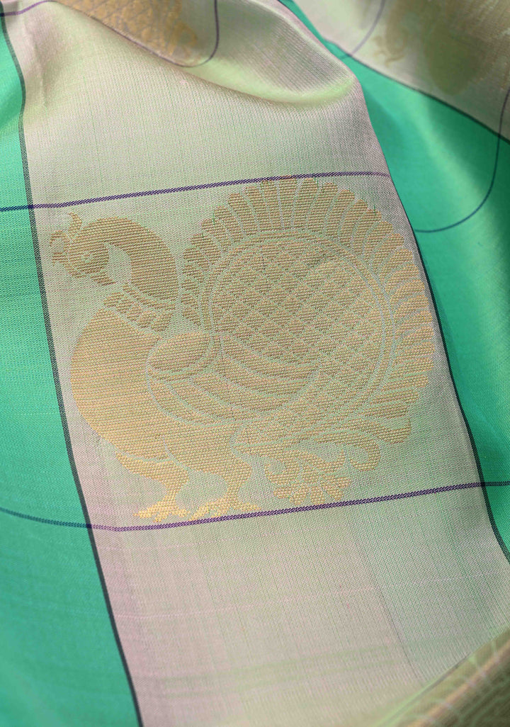 Borderless Checks Green Kanjivaram Soft Silk Saree with Peacock Buttas  | SILK MARK CERTIFIED