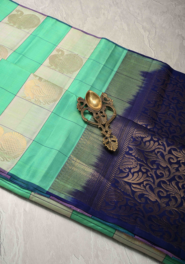 Borderless Checks Green Kanjivaram Soft Silk Saree with Peacock Buttas  | SILK MARK CERTIFIED