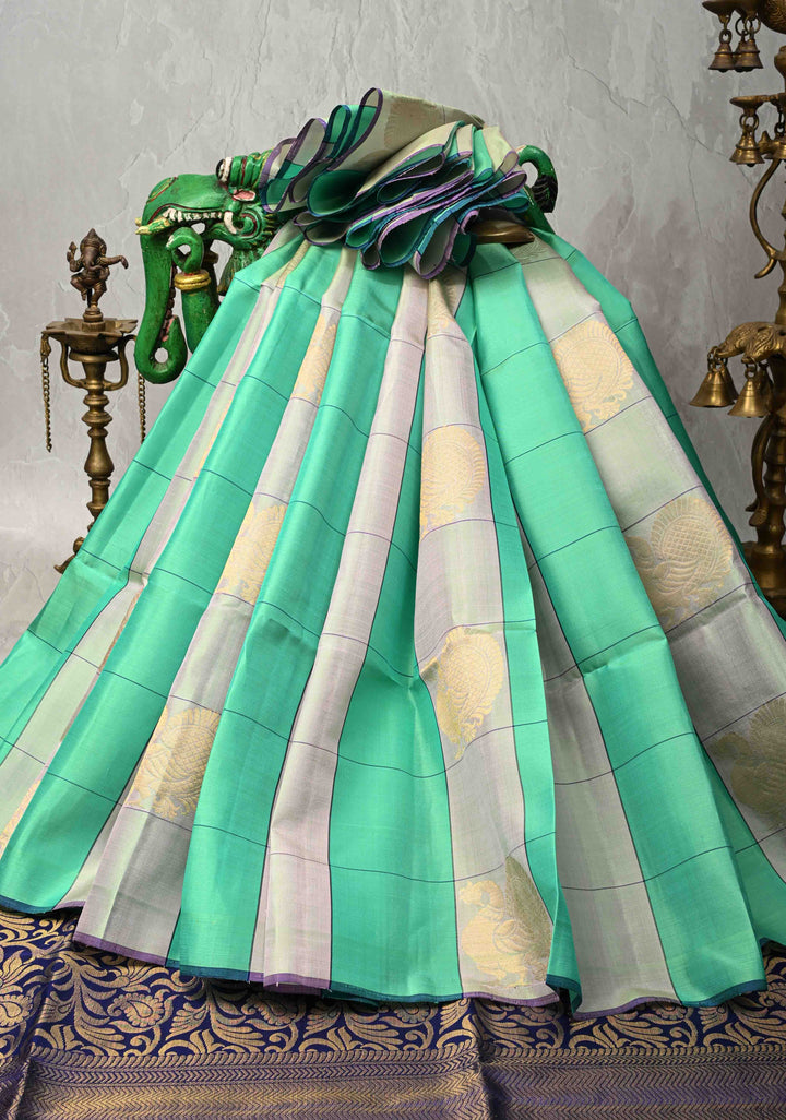 Borderless Checks Green Kanjivaram Soft Silk Saree with Peacock Buttas  | SILK MARK CERTIFIED