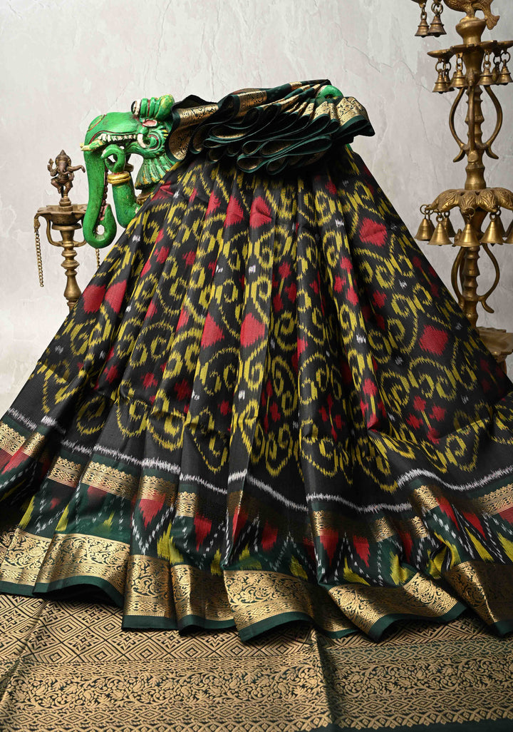 Black Fusion Ikkat Kanjivaram Soft Silk Saree with Weave Jaal and Zari Border | SILK MARK CERTIFIED