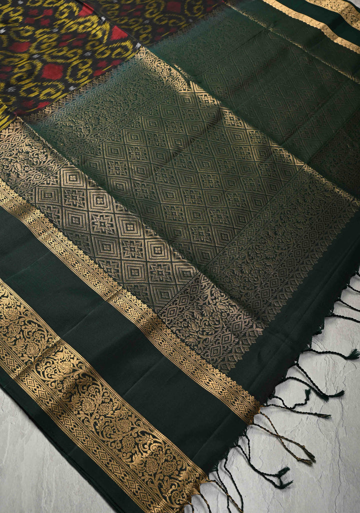 Black Fusion Ikkat Kanjivaram Soft Silk Saree with Weave Jaal and Zari Border | SILK MARK CERTIFIED