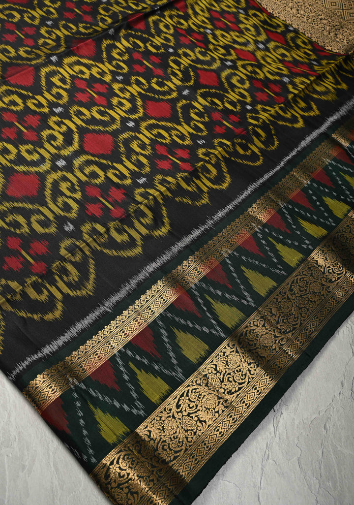 Black Fusion Ikkat Kanjivaram Soft Silk Saree with Weave Jaal and Zari Border | SILK MARK CERTIFIED