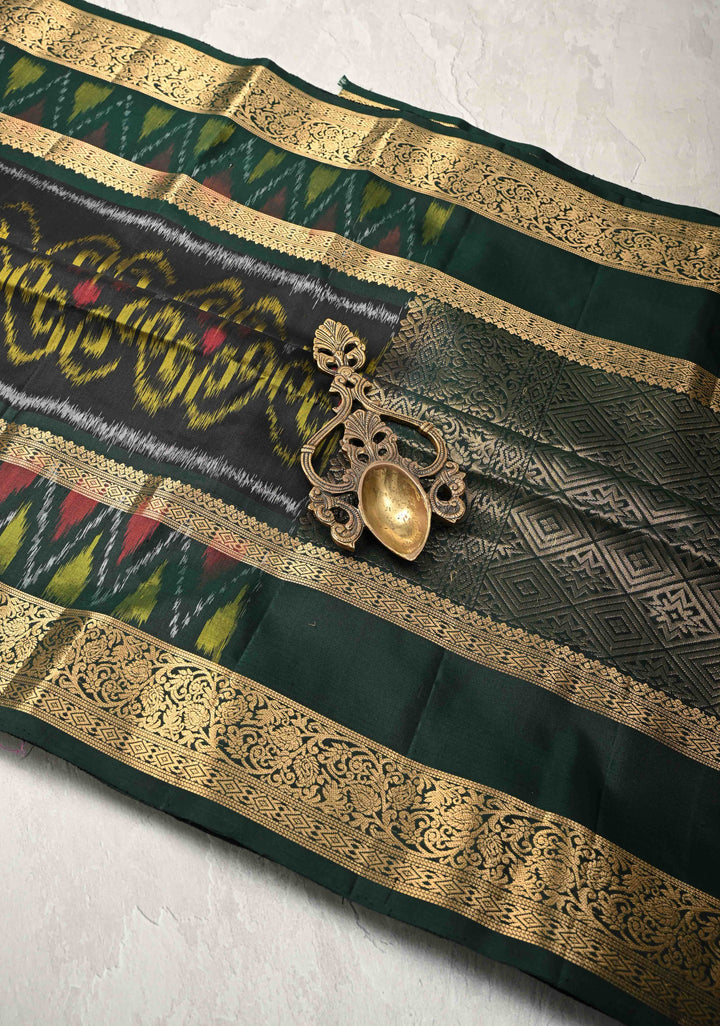 Black Fusion Ikkat Kanjivaram Soft Silk Saree with Weave Jaal and Zari Border | SILK MARK CERTIFIED