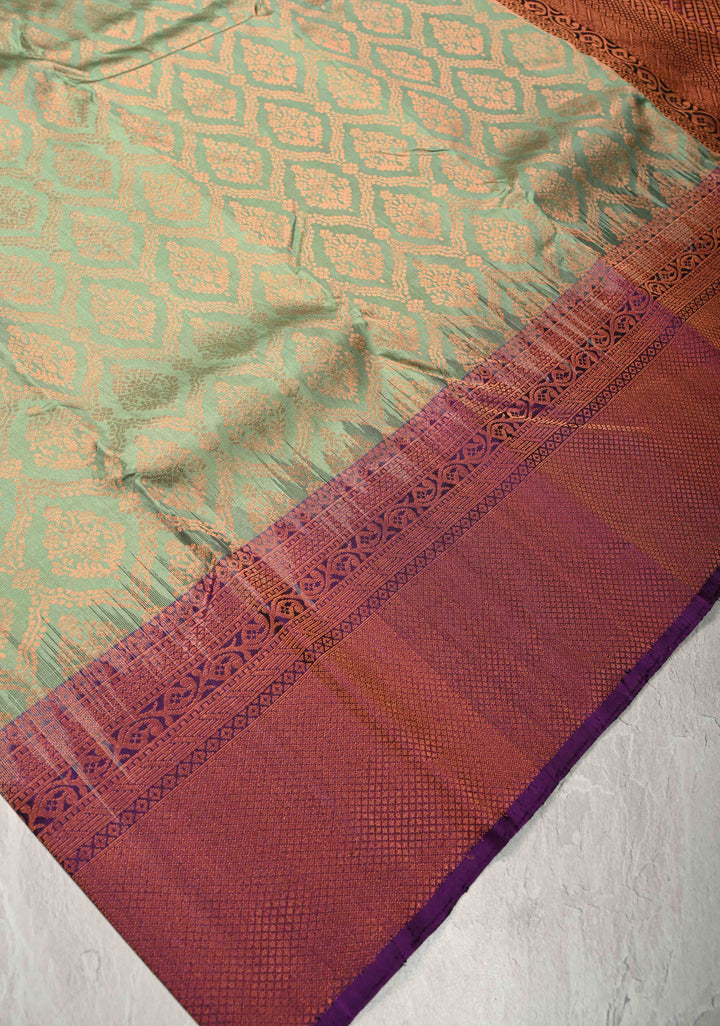 Dusty Green Brocade Kanjivaram Soft Silk Saree with Contrast Zari Border | SILK MARK CERTIFIED