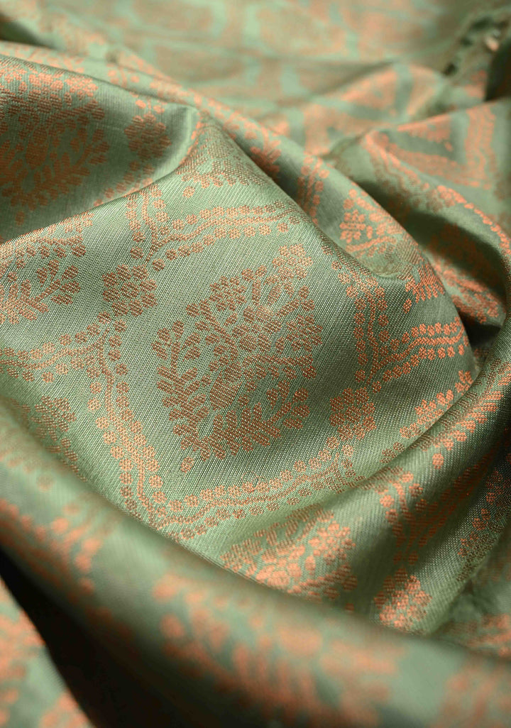 Dusty Green Brocade Kanjivaram Soft Silk Saree with Contrast Zari Border | SILK MARK CERTIFIED
