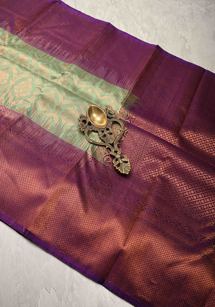 Dusty Green Brocade Kanjivaram Soft Silk Saree with Contrast Zari Border | SILK MARK CERTIFIED