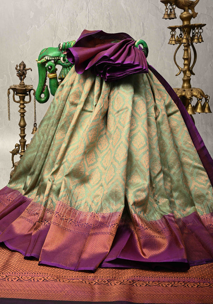 Dusty Green Brocade Kanjivaram Soft Silk Saree with Contrast Zari Border | SILK MARK CERTIFIED