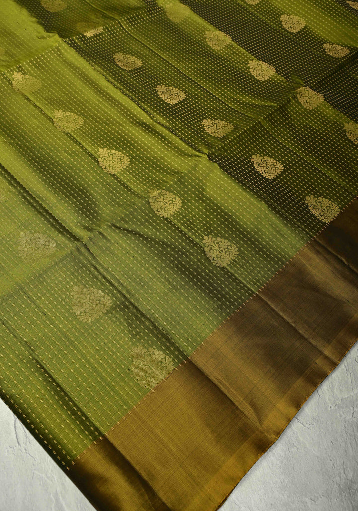 Mehendi Green Pin Zari Stripes on Kanjivaram Soft Silk Saree with Zari Buttas and Zari Border | SILK MARK CERTIFIED