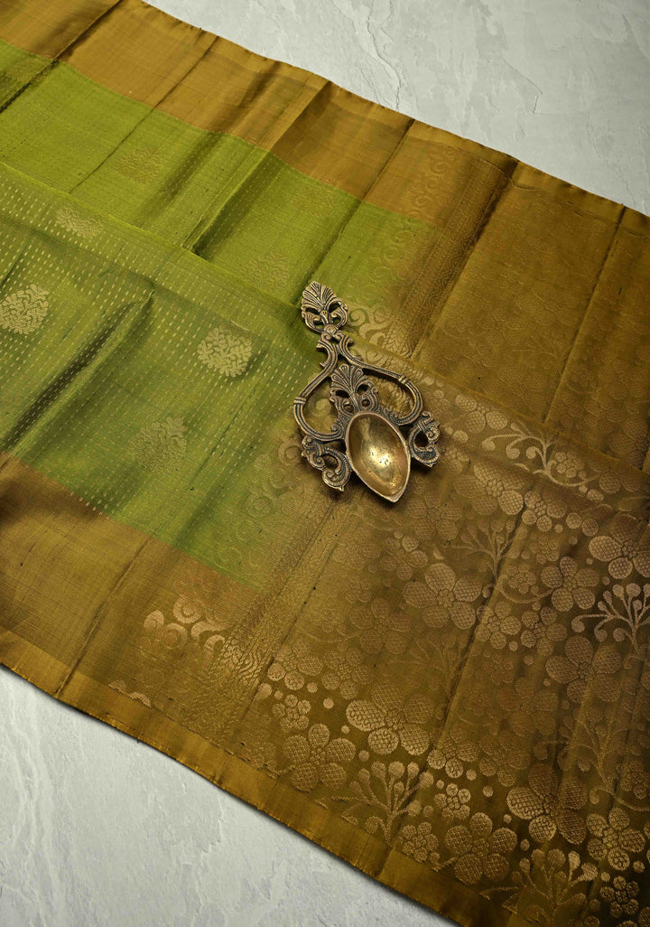 Mehendi Green Pin Zari Stripes on Kanjivaram Soft Silk Saree with Zari Buttas and Zari Border | SILK MARK CERTIFIED