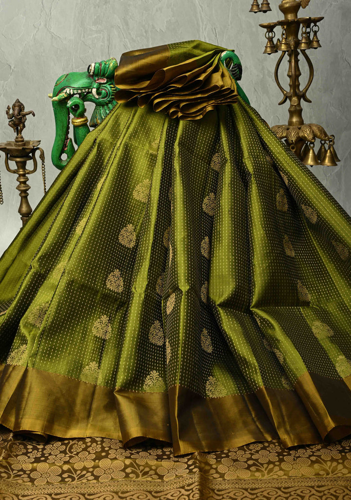 Mehendi Green Pin Zari Stripes on Kanjivaram Soft Silk Saree with Zari Buttas and Zari Border | SILK MARK CERTIFIED