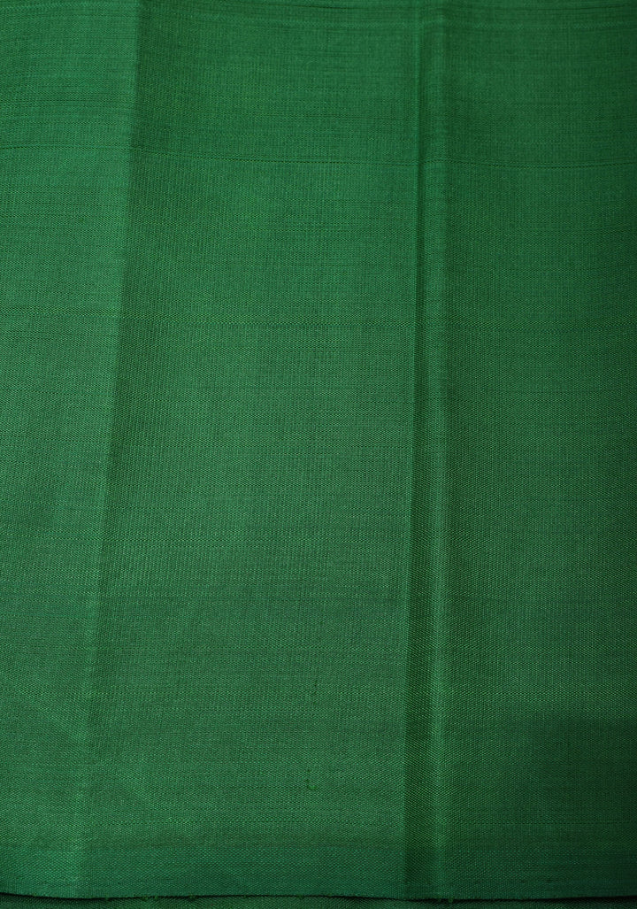Green Pure Kanjivaram Silk Saree with Musterd Yellow Zariless Rising temple border | SILK MARK CERTIFIED