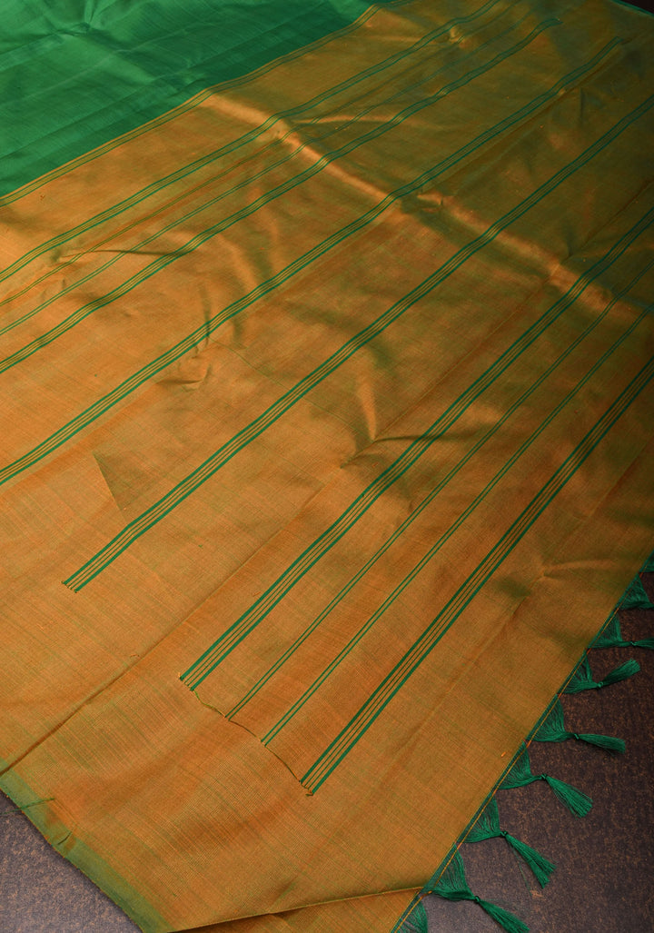 Green Pure Kanjivaram Silk Saree with Musterd Yellow Zariless Rising temple border | SILK MARK CERTIFIED