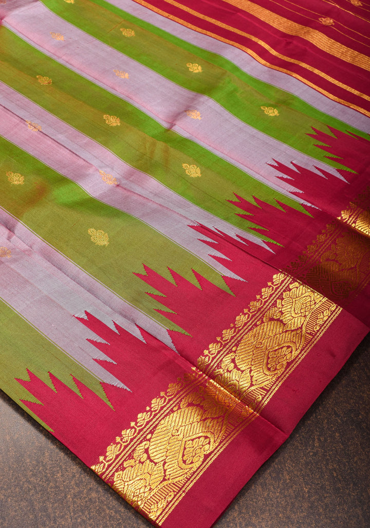 Lilac and Henna Pure Kanjivaram Handloom Silk Saree with one side temple border | SILK MARK CERTIFIED
