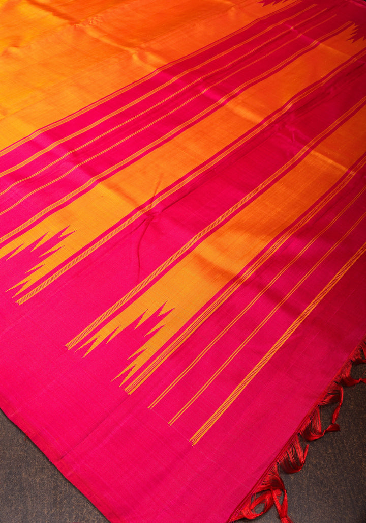 Orange pure Kanjivaram Silk Saree with Zariless Pink Temple Border | SILK MARK CERTIFIED