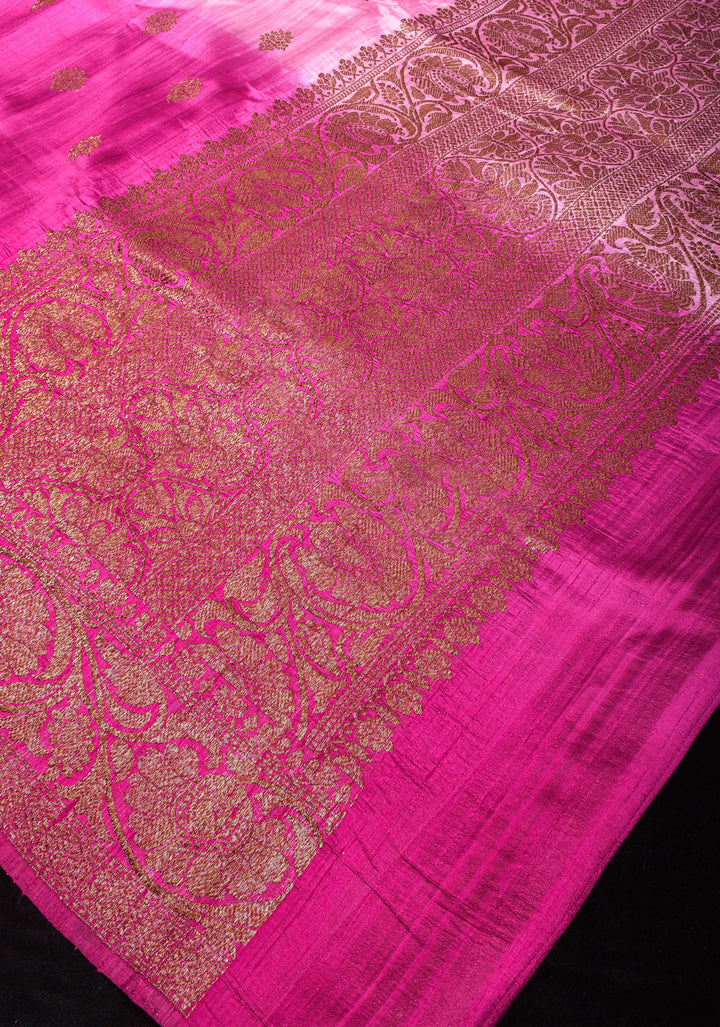 Raw Silk Banarasi Ombre Saree in Baby Pink and Deep Pink with antique tone Zari | SILK MARK CERTIFIED