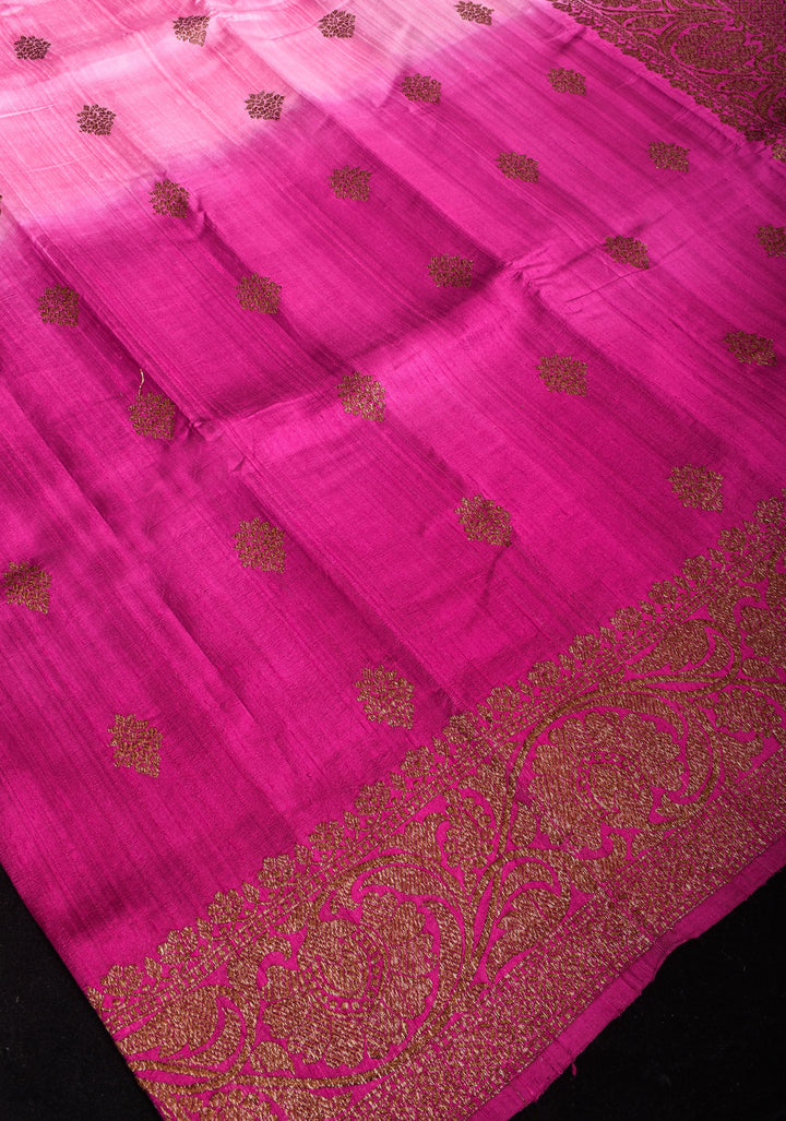 Raw Silk Banarasi Ombre Saree in Baby Pink and Deep Pink with antique tone Zari | SILK MARK CERTIFIED