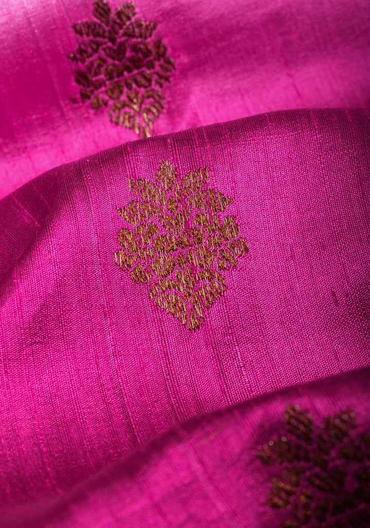 Raw Silk Banarasi Ombre Saree in Baby Pink and Deep Pink with antique tone Zari | SILK MARK CERTIFIED