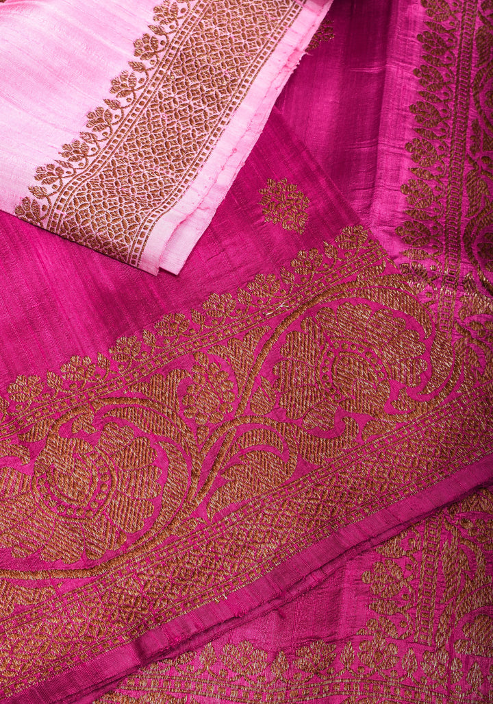 Raw Silk Banarasi Ombre Saree in Baby Pink and Deep Pink with antique tone Zari | SILK MARK CERTIFIED