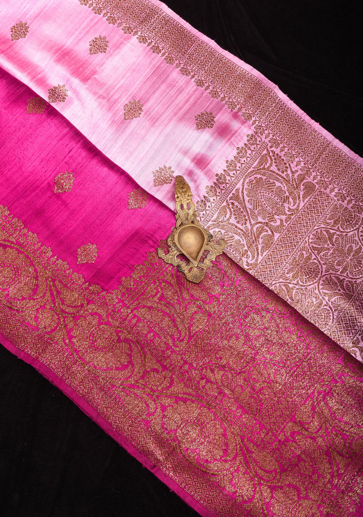 Raw Silk Banarasi Ombre Saree in Baby Pink and Deep Pink with antique tone Zari | SILK MARK CERTIFIED