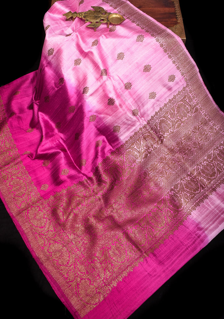 Raw Silk Banarasi Ombre Saree in Baby Pink and Deep Pink with antique tone Zari | SILK MARK CERTIFIED