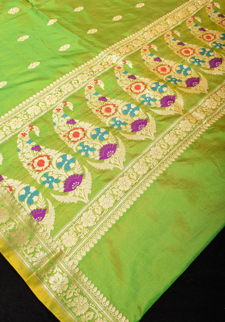 Green Dual tone Banarasi Katan Silk Lightweight Saree with Zari Butti and Meenakari Paisley Pallu | SILK MARK CERTIFIED