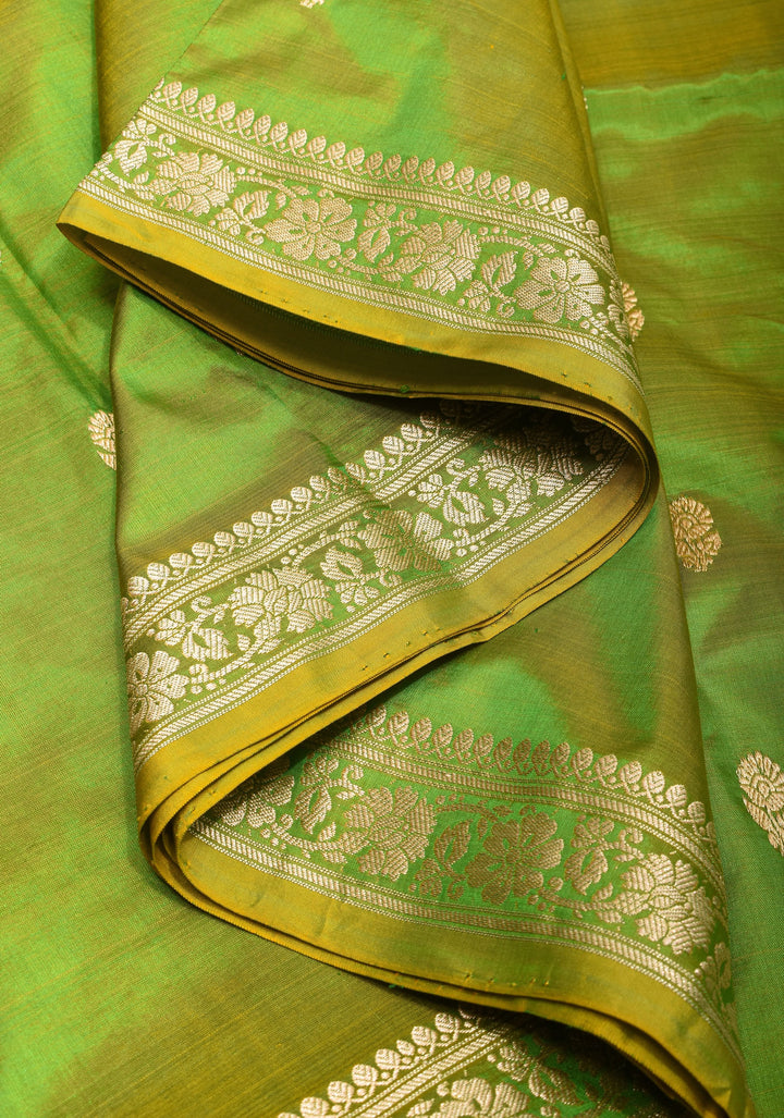 Green Dual tone Banarasi Katan Silk Lightweight Saree with Zari Butti and Meenakari Paisley Pallu | SILK MARK CERTIFIED