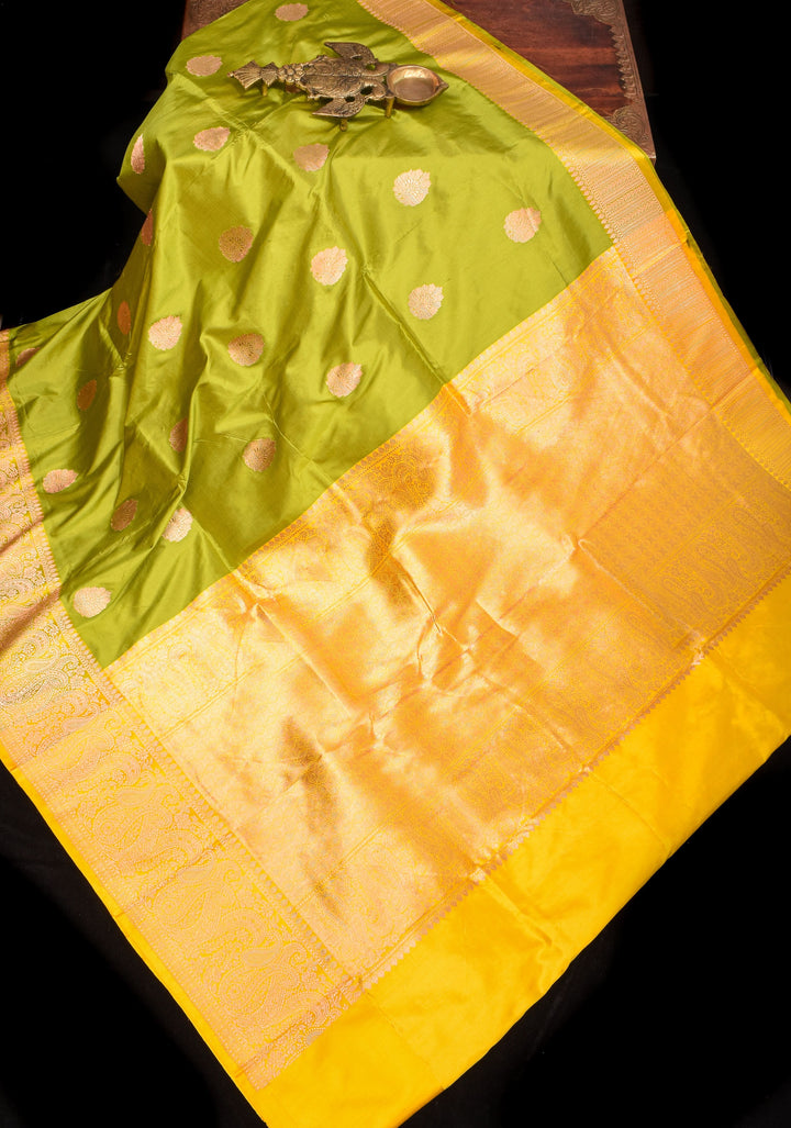 Moss Green Banarasi Katan Silk Saree with Floral buttas and Lemon Border | SILK MARK CERTIFIED