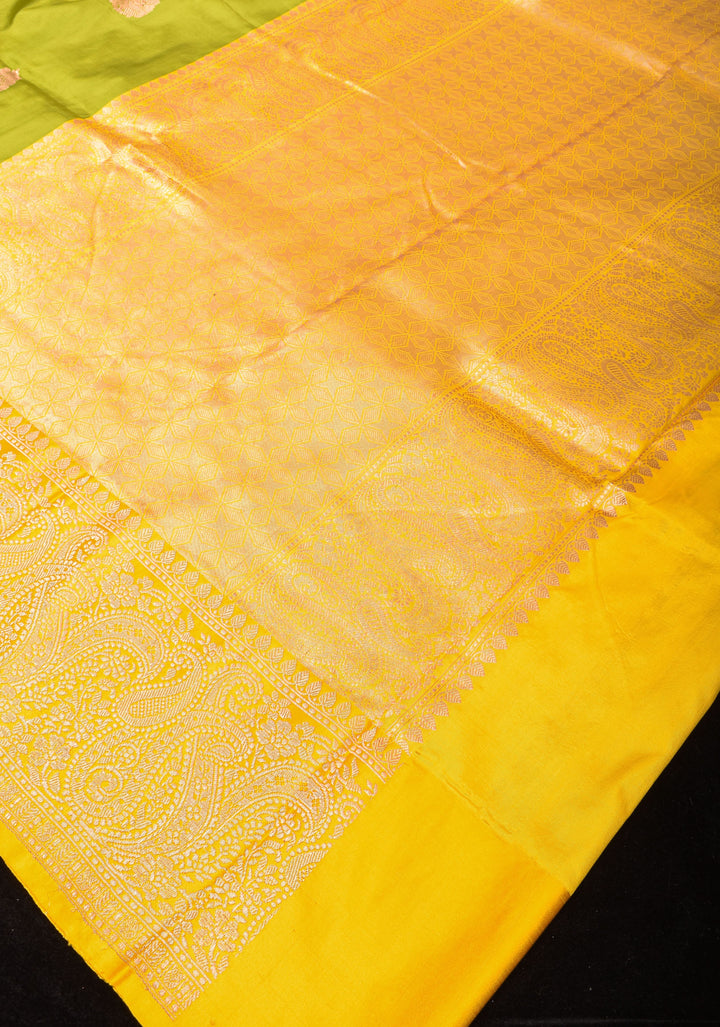 Moss Green Banarasi Katan Silk Saree with Floral buttas and Lemon Border | SILK MARK CERTIFIED