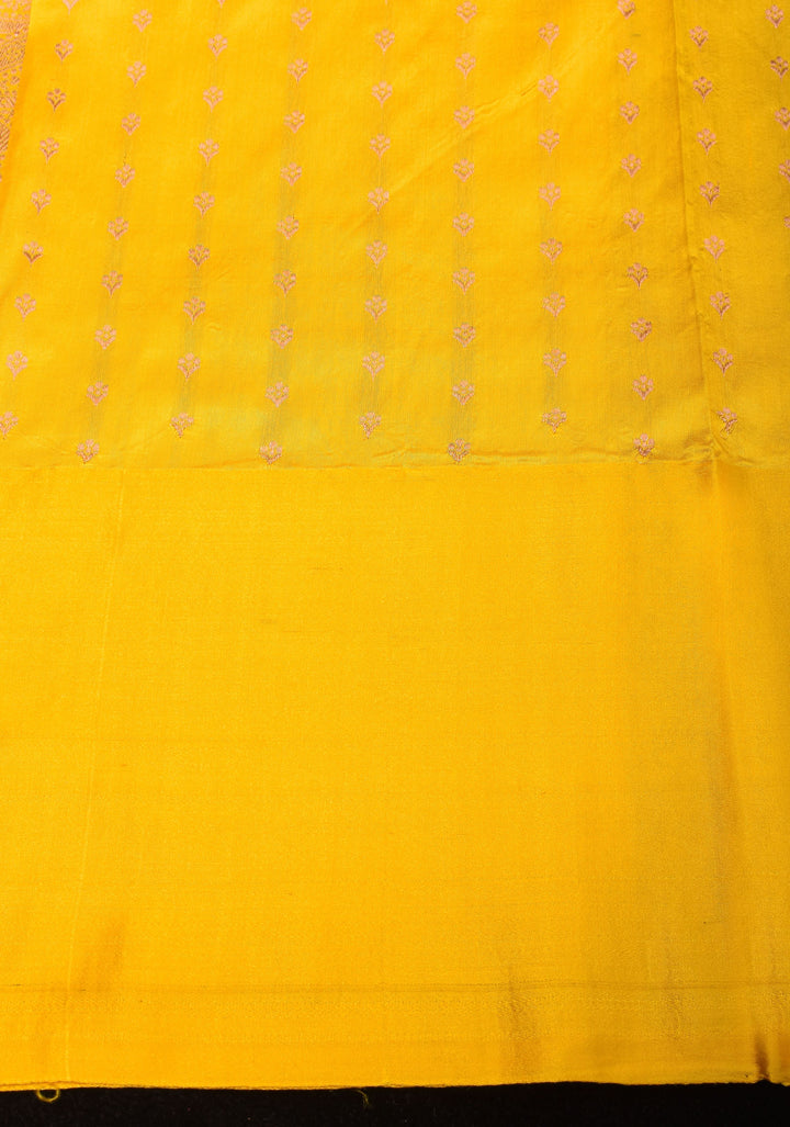 Moss Green Banarasi Katan Silk Saree with Floral buttas and Lemon Border | SILK MARK CERTIFIED