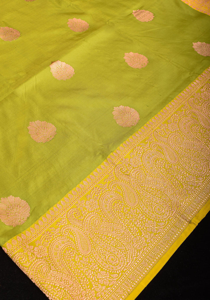 Moss Green Banarasi Katan Silk Saree with Floral buttas and Lemon Border | SILK MARK CERTIFIED
