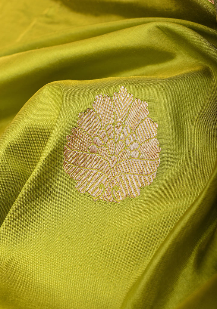 Moss Green Banarasi Katan Silk Saree with Floral buttas and Lemon Border | SILK MARK CERTIFIED