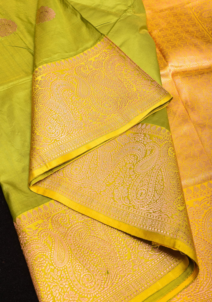 Moss Green Banarasi Katan Silk Saree with Floral buttas and Lemon Border | SILK MARK CERTIFIED