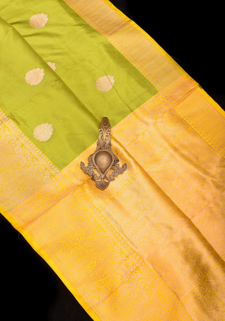 Moss Green Banarasi Katan Silk Saree with Floral buttas and Lemon Border | SILK MARK CERTIFIED