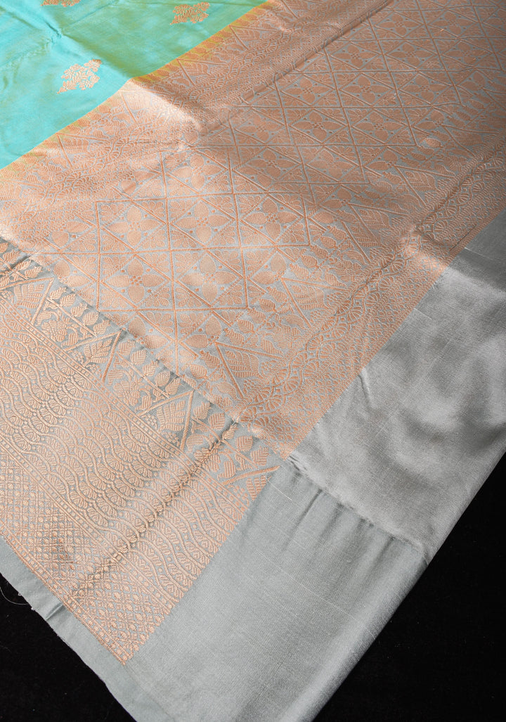 Mint Banarasi Katan Silk Saree with Floral buttas and contrast Gray Border | SILK MARK CERTIFIED