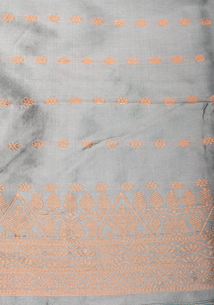 Mint Banarasi Katan Silk Saree with Floral buttas and contrast Gray Border | SILK MARK CERTIFIED