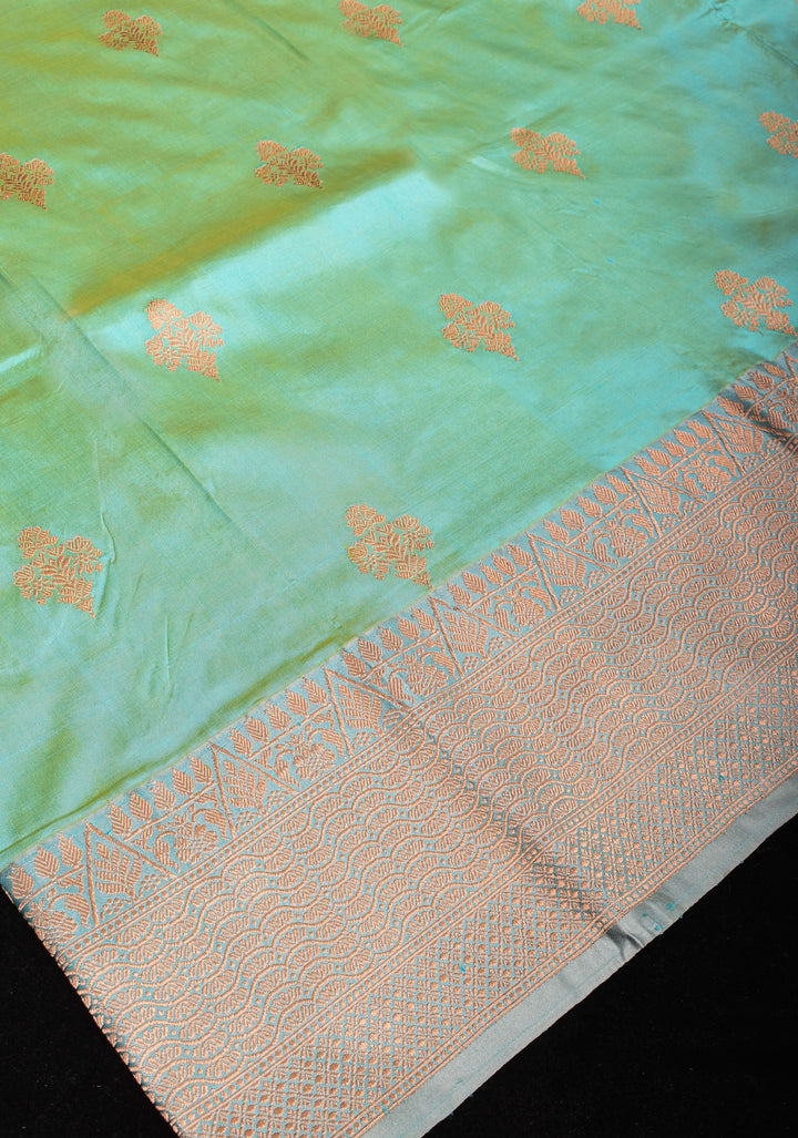 Mint Banarasi Katan Silk Saree with Floral buttas and contrast Gray Border | SILK MARK CERTIFIED