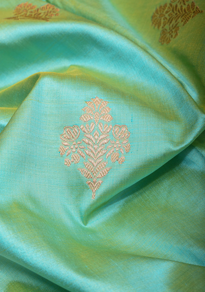 Mint Banarasi Katan Silk Saree with Floral buttas and contrast Gray Border | SILK MARK CERTIFIED