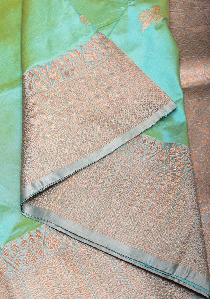 Mint Banarasi Katan Silk Saree with Floral buttas and contrast Gray Border | SILK MARK CERTIFIED