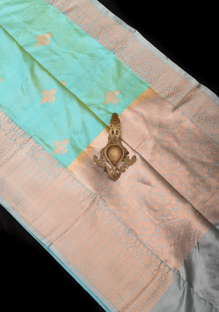 Mint Banarasi Katan Silk Saree with Floral buttas and contrast Gray Border | SILK MARK CERTIFIED