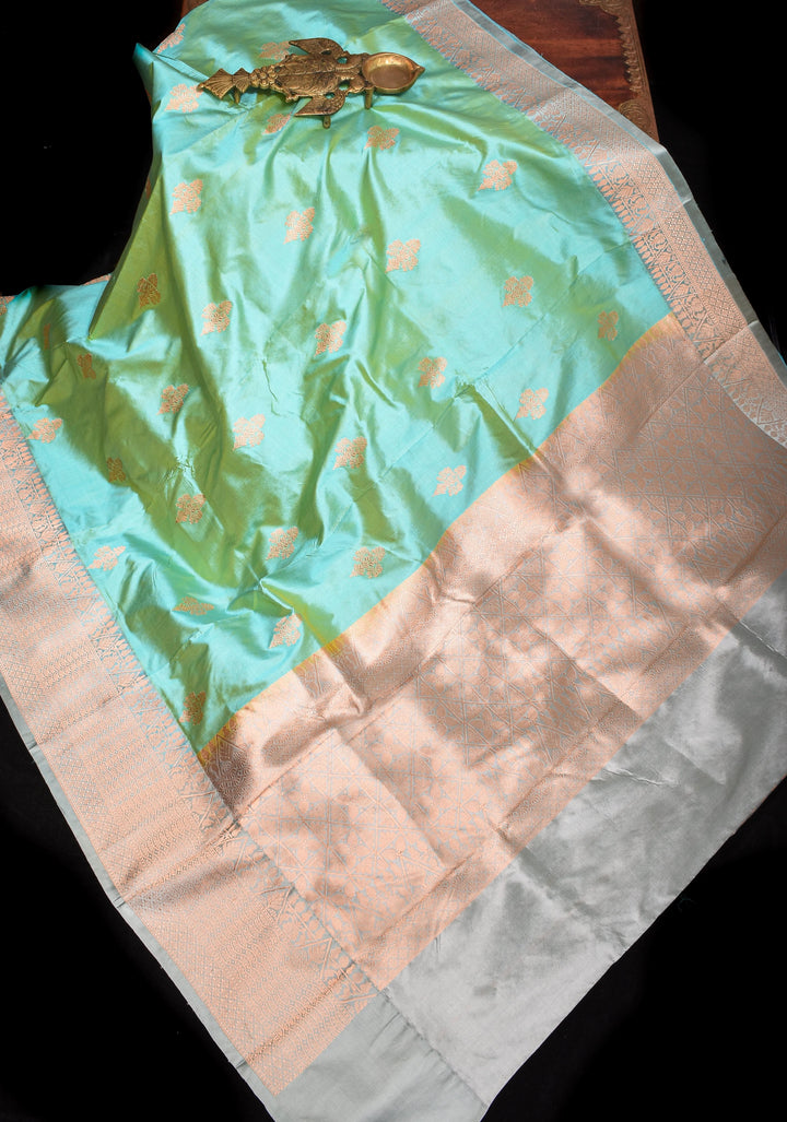 Mint Banarasi Katan Silk Saree with Floral buttas and contrast Gray Border | SILK MARK CERTIFIED