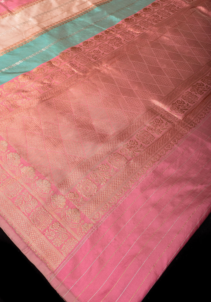 Pastel Multicolor Banarasi Katan Silk Saree with zari stripes and Scallop border | SILK MARK CERTIFIED