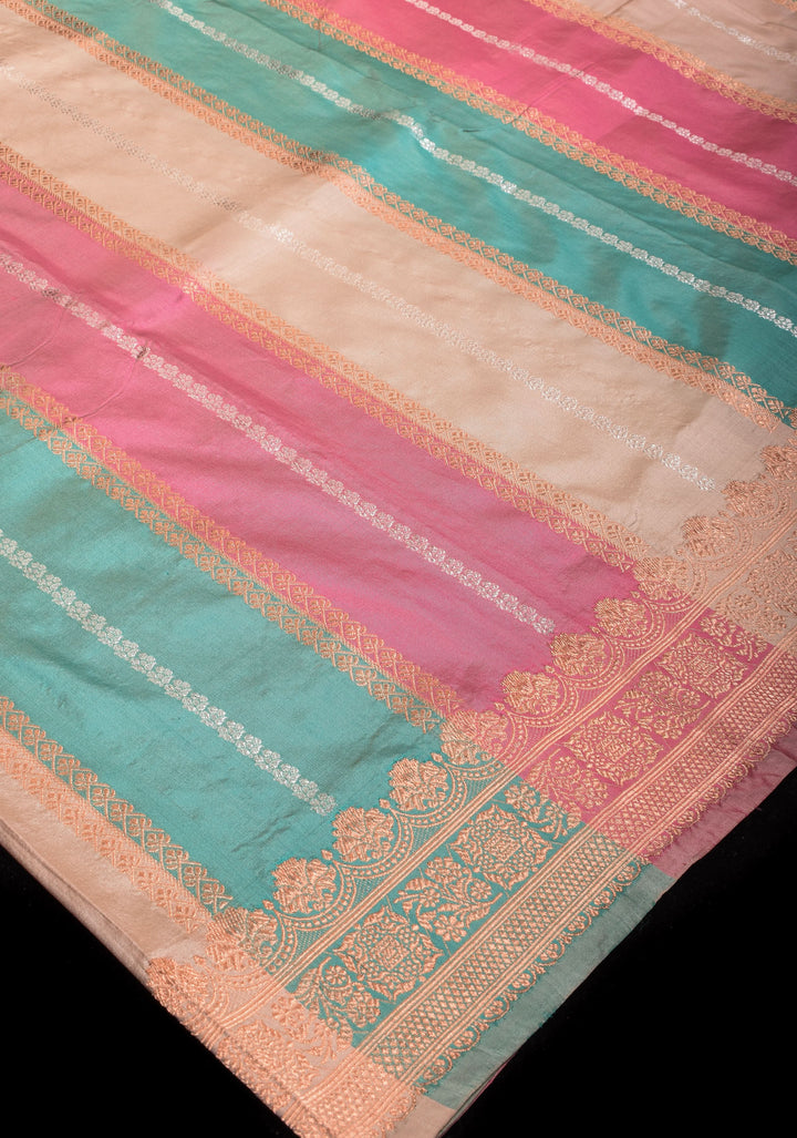 Pastel Multicolor Banarasi Katan Silk Saree with zari stripes and Scallop border | SILK MARK CERTIFIED
