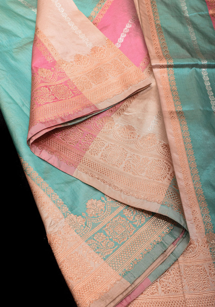 Pastel Multicolor Banarasi Katan Silk Saree with zari stripes and Scallop border | SILK MARK CERTIFIED