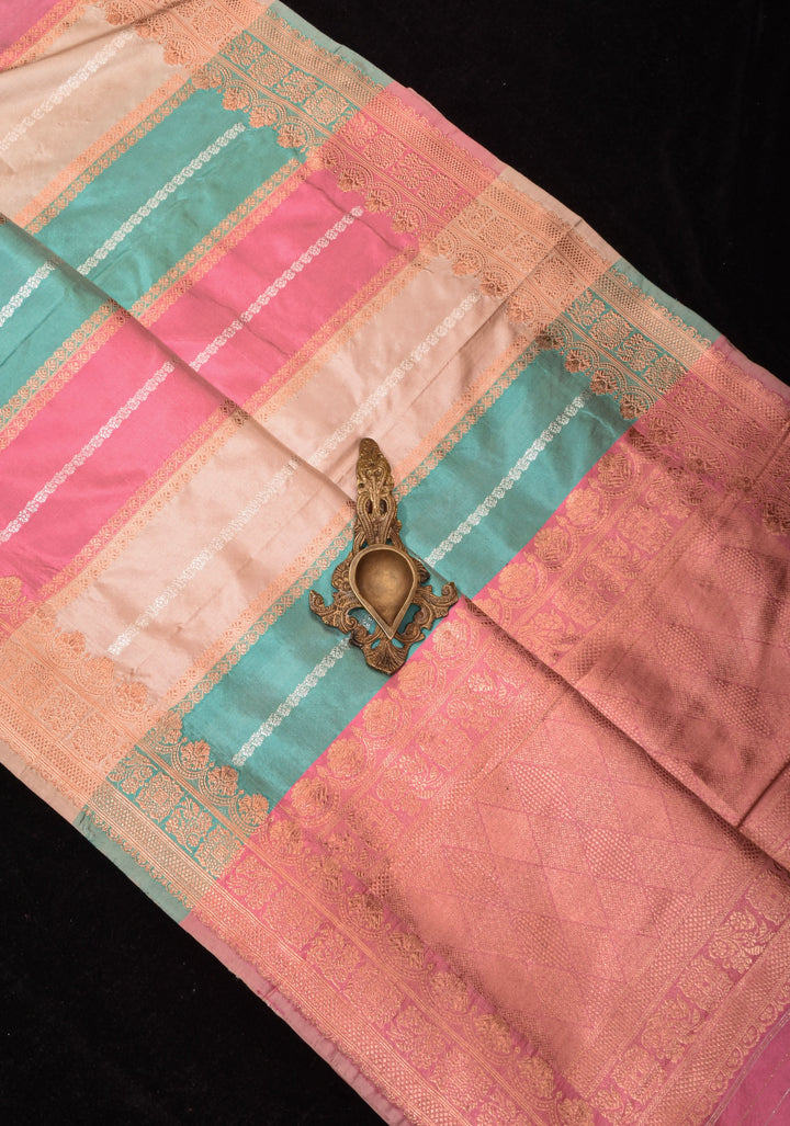 Pastel Multicolor Banarasi Katan Silk Saree with zari stripes and Scallop border | SILK MARK CERTIFIED